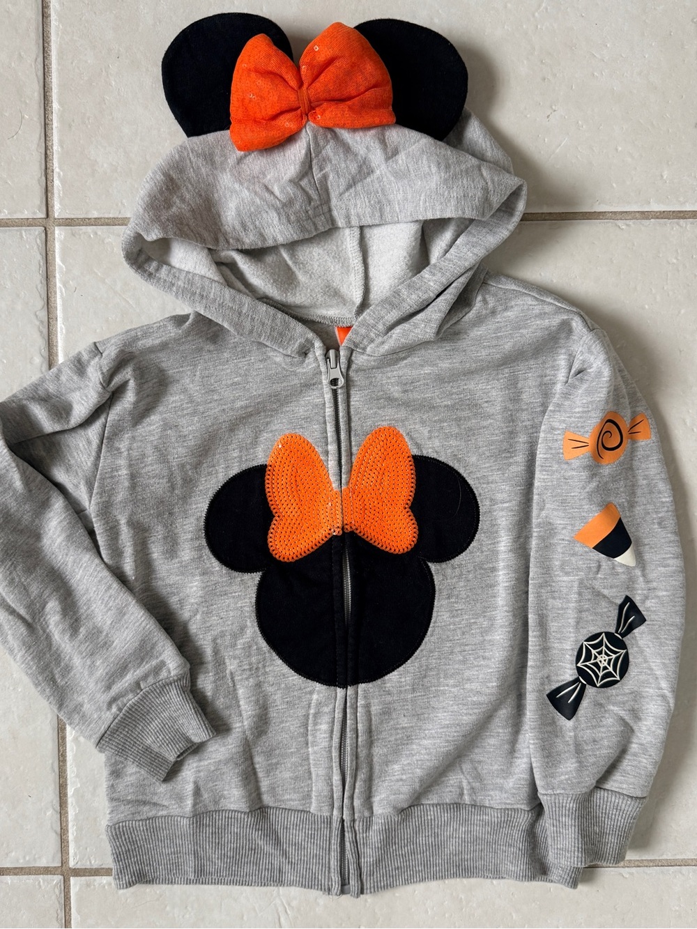 Disney Minnie Mouse Bow Halloween Zip Up Hoodie Grey Orange Girls 6